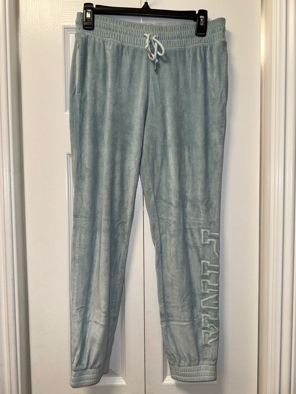 PINK Victoria's Secret Light Blue Velour Joggers with Embroidered Side Logo